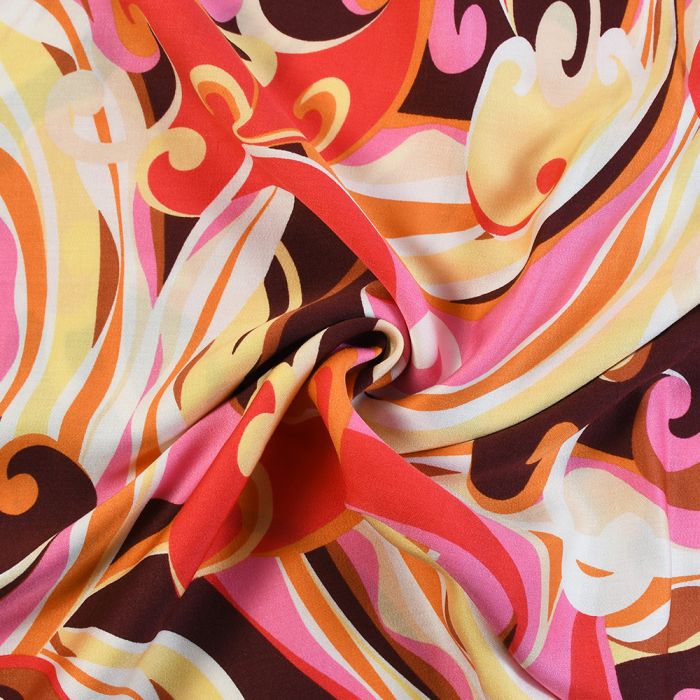 Happy Days Printed Viscose Satin Fabric In Orange | FREE Delivery ...