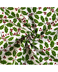 Holly Berries Cotton Fabric White 110cm
