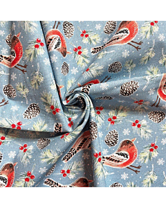 Christmas Birds Robin Cotton Fabric Grey 110cm