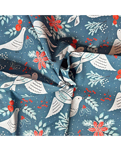 Christmas Birds Turtle Doves Cotton Fabric Blue 110cm