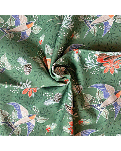 Christmas Birds Festive Birds Cotton Fabric Green 110cm
