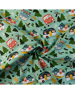 3 Wishes Happy Camper Cotton Fabric Green 110cm