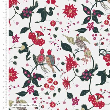 V and A Indian Summer Love Birds Fabric White 110cm