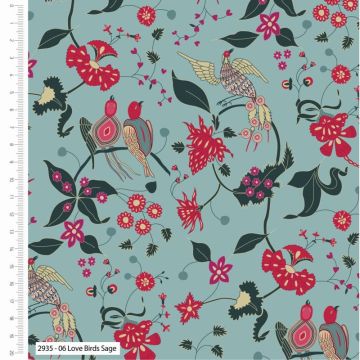V and A Indian Summer Love Birds Fabric Sage 110cm