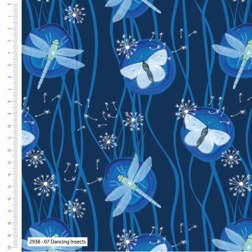 British Waterways Dancing Insects Fabric Blue 110cm
