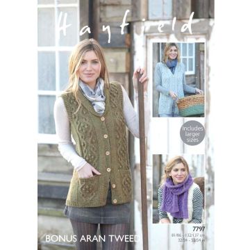 Hayfield Bonus Aran Tweed Women's V Neck Cardigan & Scarf Knitting Pattern 7797 32-54in