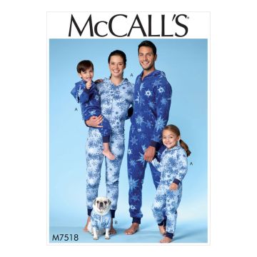 McCall's Sewing Pattern Family Unisex Hooded Jumpsuits and Dog Coat M7518 Age 3-8