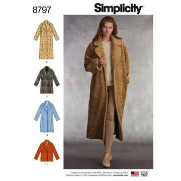 Simplicity Sewing Pattern 8797 (A) - Misses Loose Fitting Lined Coat XS-XL 8797.A XS-XL