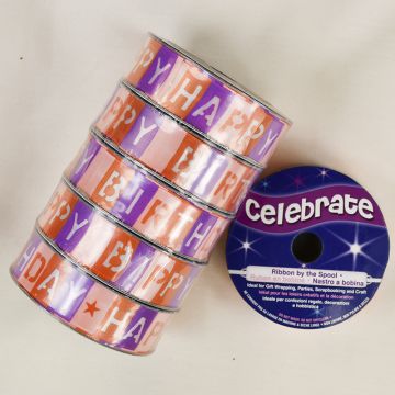 Reel of Birthday Squares Ribbon Code B Lilac Orange Purple 15mm x 3.5m