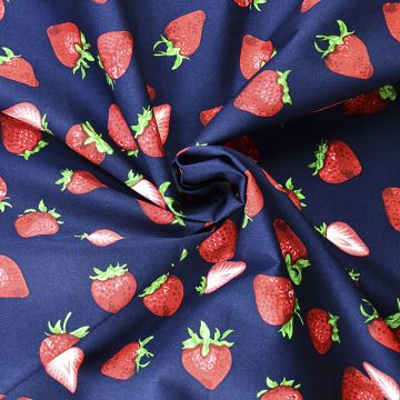 Strawberries Cotton Poplin Fabric Navy 110cm