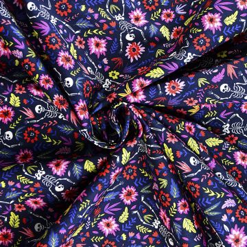 Skeletons and Flowers Cotton Poplin Fabric Navy 110cm