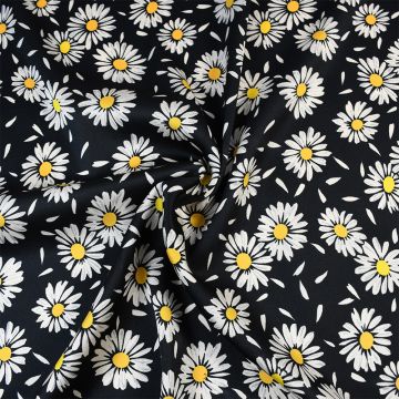 Italian Daisy Matt Satin Twill Fabric Black Cream Yellow 150cm