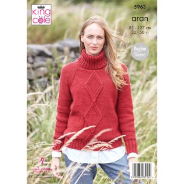 Knitting Pattern Ladies Sweaters in King Cole Wool Aran 5963 