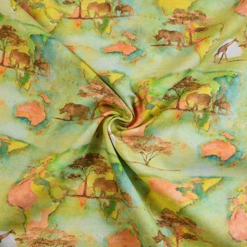 3 Wishes World Map Cotton Fabric Green 110cm