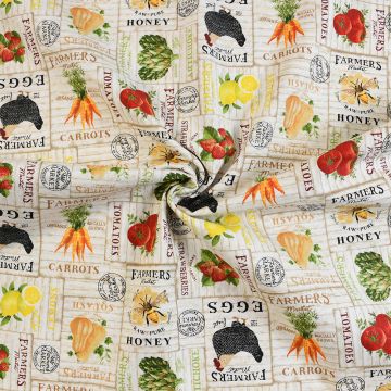 3 Wishes Locally Grown Market Signs Cotton Fabric Cream 110cm