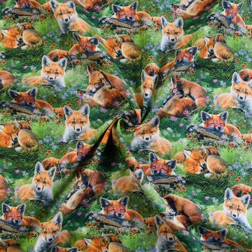 3 Wishes Sleepy Foxes Cotton Fabric Green 110cm