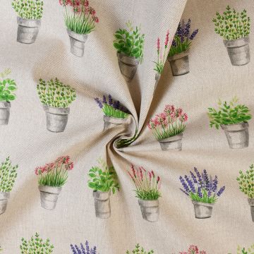 Grey Flower Pots Linen Look Curtain Fabric Grey 140cm