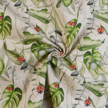 Grey Lady Bird Monstera Linen Look Curtain Fabric Grey 140cm