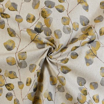 Ochre Watercolour Leaves Linen Look Curtain Fabric Ochre 140cm