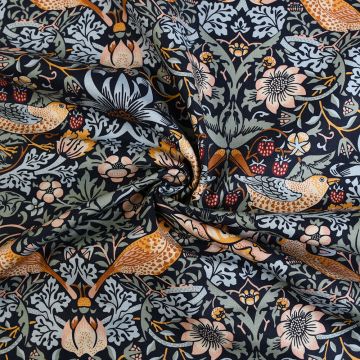 William Morris Natures Dream Strawberry Thief 100% Cotton Fabric Black 110cm