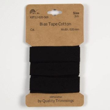 3 Metre Card of Cotton Bias Tape Black 20mm x 3mtr
