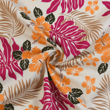 Hibiscus Hawaiian Cotton Fabric Orange Cerise 140cm