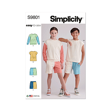 Simplicity Sewing Pattern 9801 (A) Girls' & Boys' Sweatshirts and Shorts  7-14