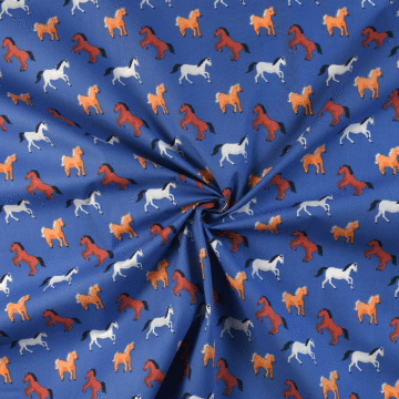 Horses Polycotton Fabric Blue 110cm