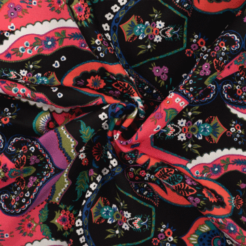 Paisley Boarder Print Satin Viscose Fabric Pink 150cm