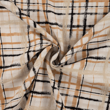 Hand Painted Check Linen Viscose Fabric Sand 137 cm