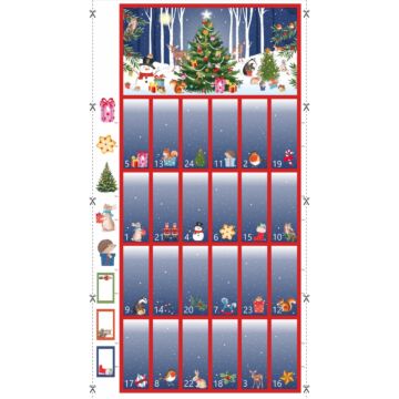 Christmas Woodland Fold & Sew AdvenCalendar 60cm Cotton Panel Blue Red 112cm