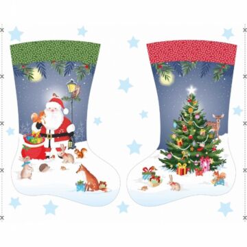 Christmas Woodland Large Stocking 90cm Cotton Panel Blue Multi 112cm