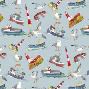 Emma Ball Coastal Boats Cotton Fabric Blue 112cm