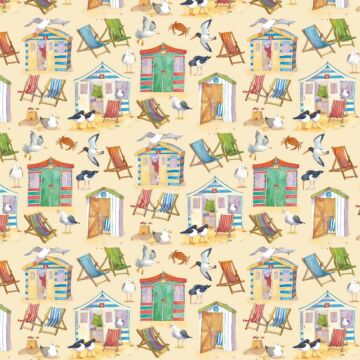 Emma Ball Coastal Beach Huts Cotton Fabric Beige 112cm