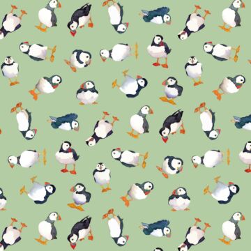 Emma Ball Coastal Puffins Cotton Fabric Green 112cm