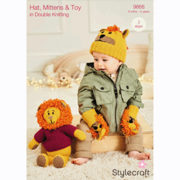 Stylecraft Special and Bellissima DK Lion Hat Mittens Pattern Download 9868 