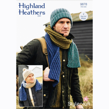 Highland Heathers Aran Mens Hats and Scarves Pattern 9878 One Size