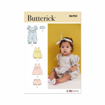 Butterick Sewing Pattern 6950(A) Babies Romper Dress Bloomers & Headband  XS-L