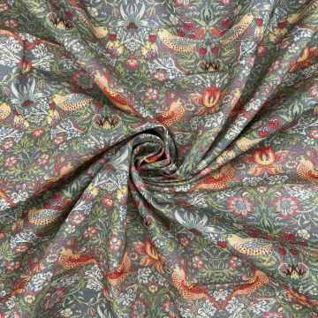 William Morris Strawberry Thief Cotton Fabric Grey 140cm