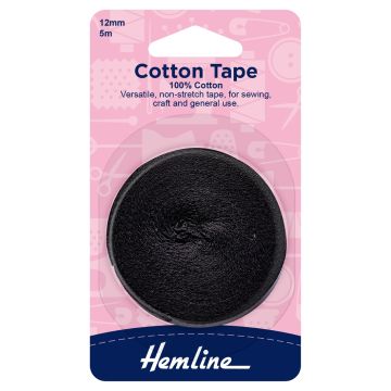 Hemline Cotton Tape Black 12mm x 5m