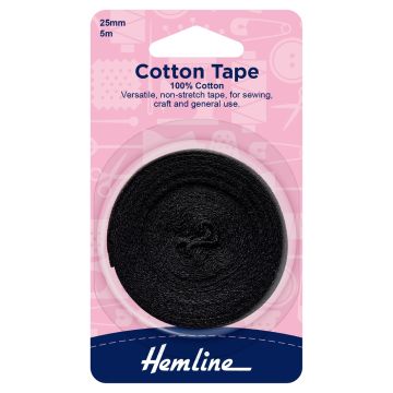 Hemline Cotton Tape Black 25mm x 5m