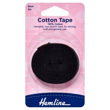 Hemline Cotton Tape Black 6mm x 5m