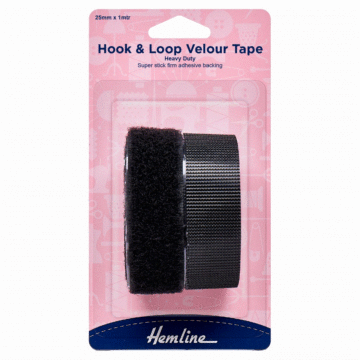 Hemline Hook & Loop Heavy Duty Tape: Self-Adhesive Black 25mm x 1m