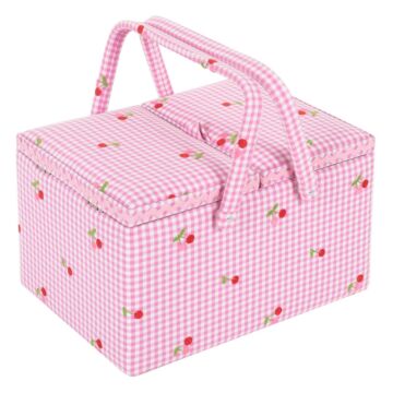 Twin Lid Sewing Box Embroidered Cherries Pink 21cm x 30.5cm x 19.5cm