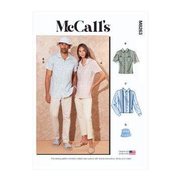 McCalls Sewing Pattern 8263 (A) - Unisex Shirts & Hat S-XXXL M8263A S-XXXL