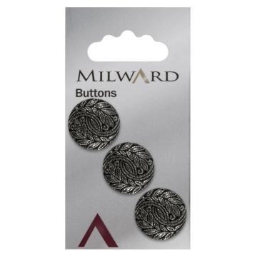 Milward Carded Buttons Round Feather Detail Shank Silver 20mm Pack of 3