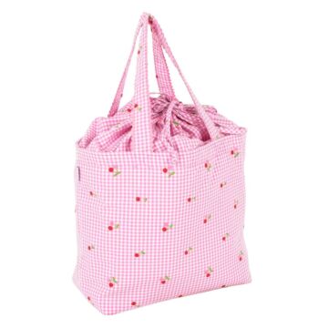 Drawstring Craft Bag Embroidered Cherries Pink 18 x 32 x 34cm