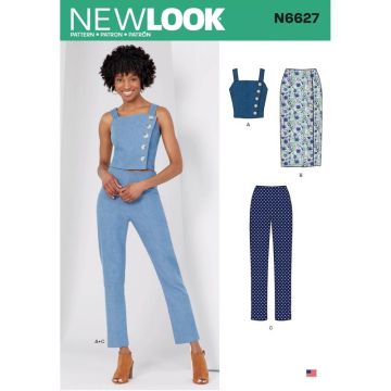 New Look Sewing Pattern 6627 (A) - Misses' Top, Skirt, & Pants 6-18 6627A 6-18