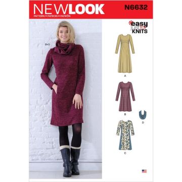 New Look Sewing Pattern 6632 (A) - Misses' Knit Empire Dresses 10-22 6632A 10-22