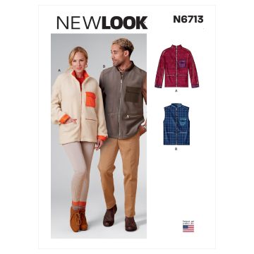New Look Sewing Pattern 6713 (A) - Unisex Zippered Jacket & Vest XS-XL N6713 XS-XL